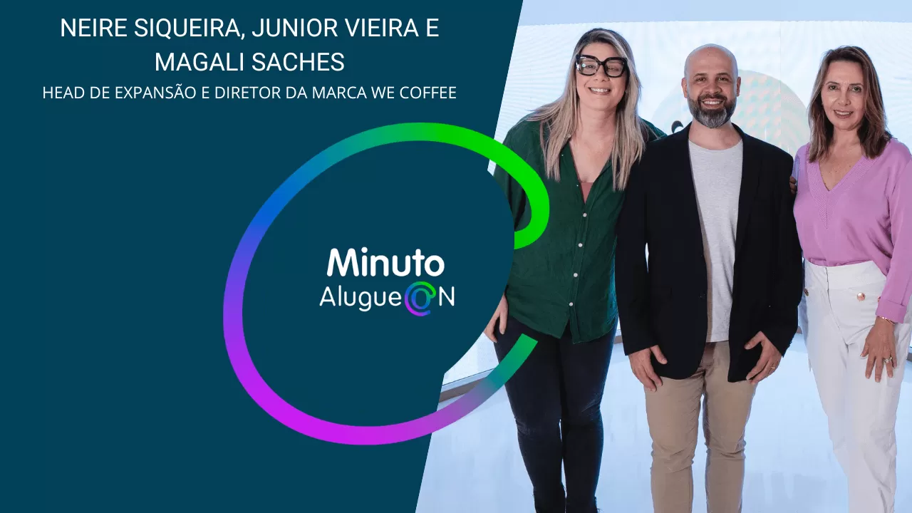 capa em azul com convite do minuto alugueon em destaque e 3 participantes