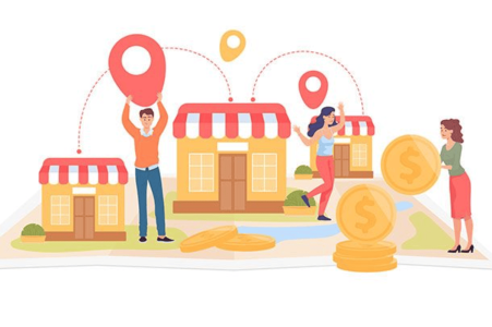 Ilustração colorida de uma loja matriz e suas filiais, com pessoas indicando as localizações. Explica visualmente como funciona franquia.