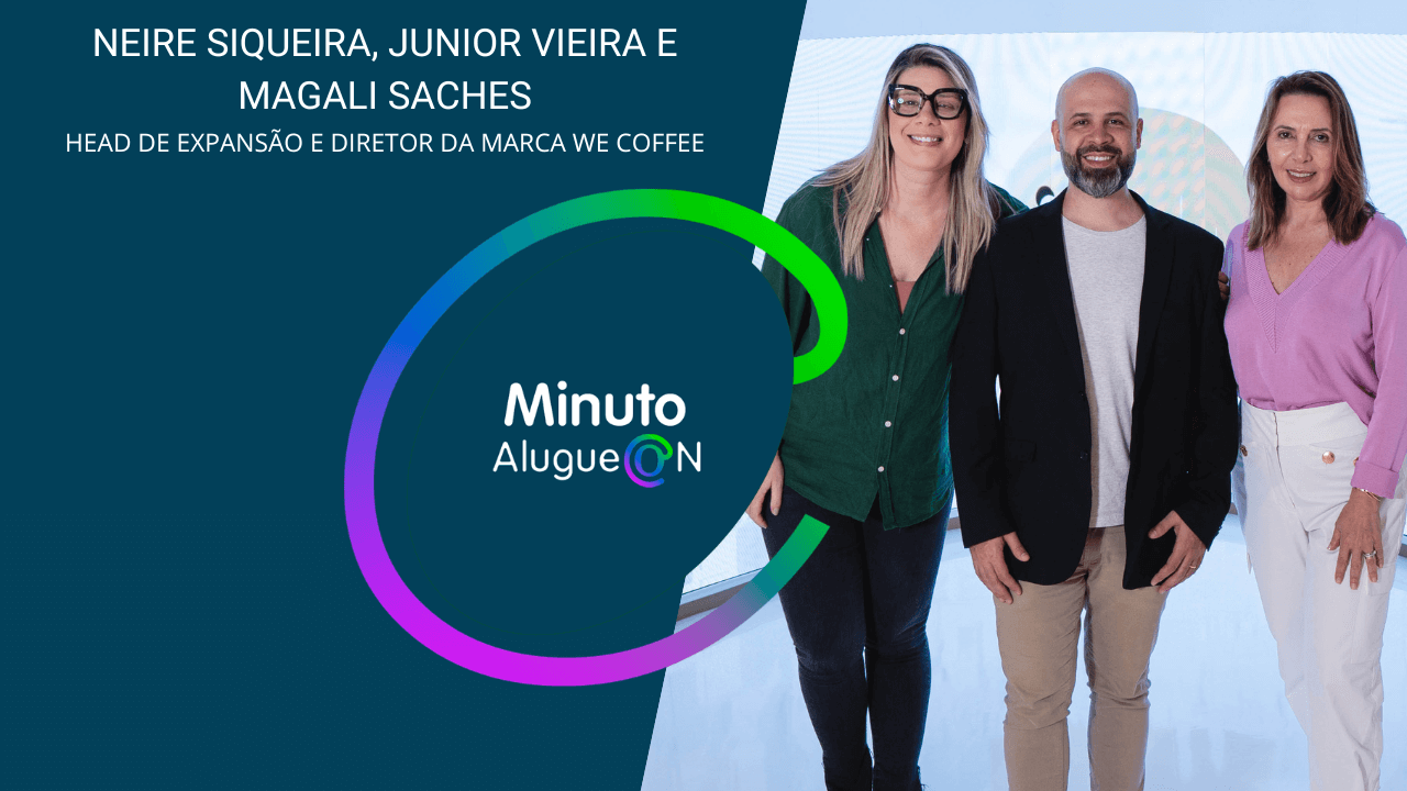 capa em azul com convite do minuto alugueon em destaque e 3 participantes