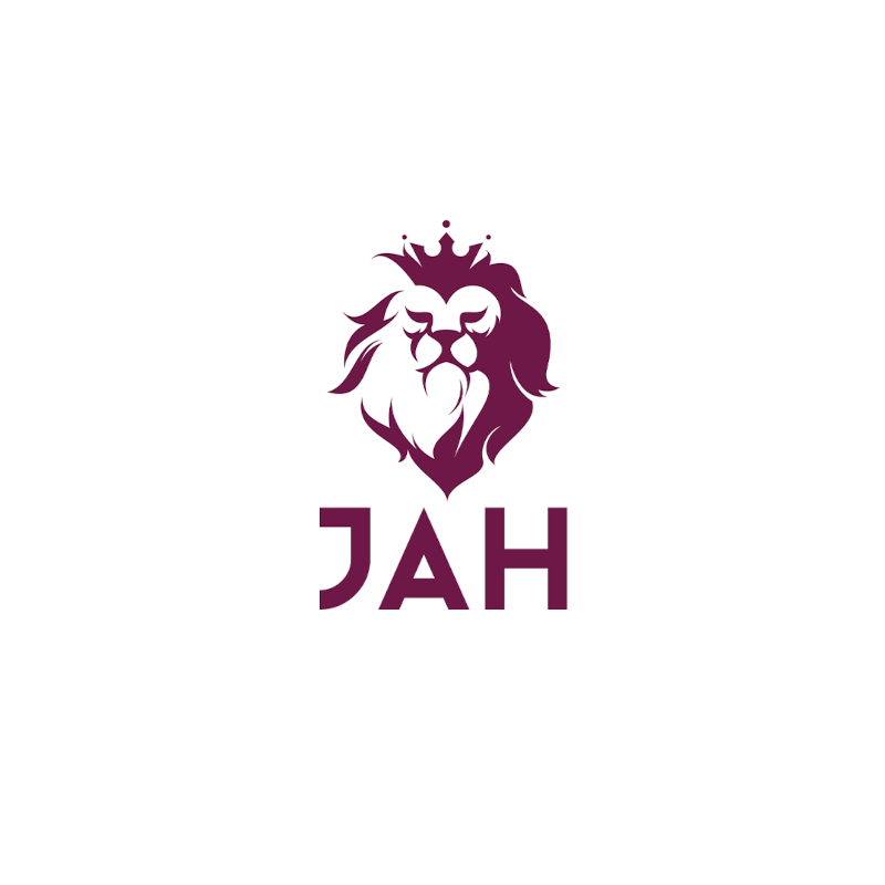 logo da franquia em tons roxo de rosto de leao e com as iniciais do jah