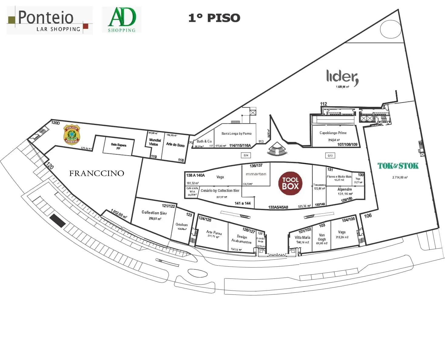 Planta baixa do 1º piso com localização das lojas do Ponteio Lar Shopping.