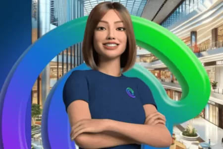 Lug - assistente virtual da AlugueOn em um fundo com a logo da Marca atrás