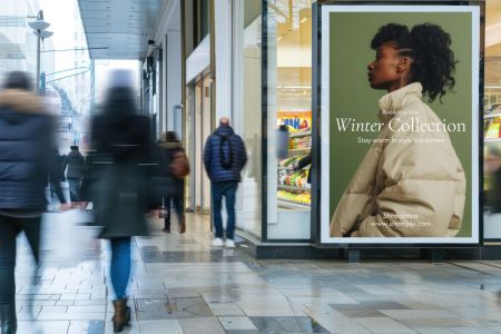 Painel de mídia em shopping, exibindo o lançamento de uma coleção de inverno.