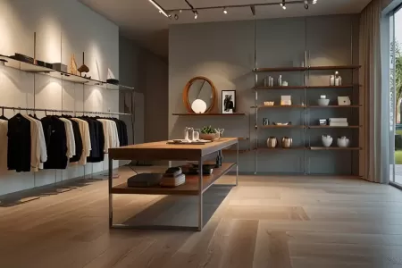 Interior sofisticado de boutique com iluminação planejada e layout de loja moderno.